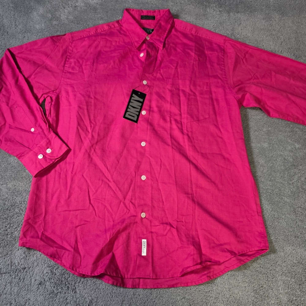 DKNY Mens L Button Down Shirt Magenta Pink Long Sleeve Cotton K1844865A
